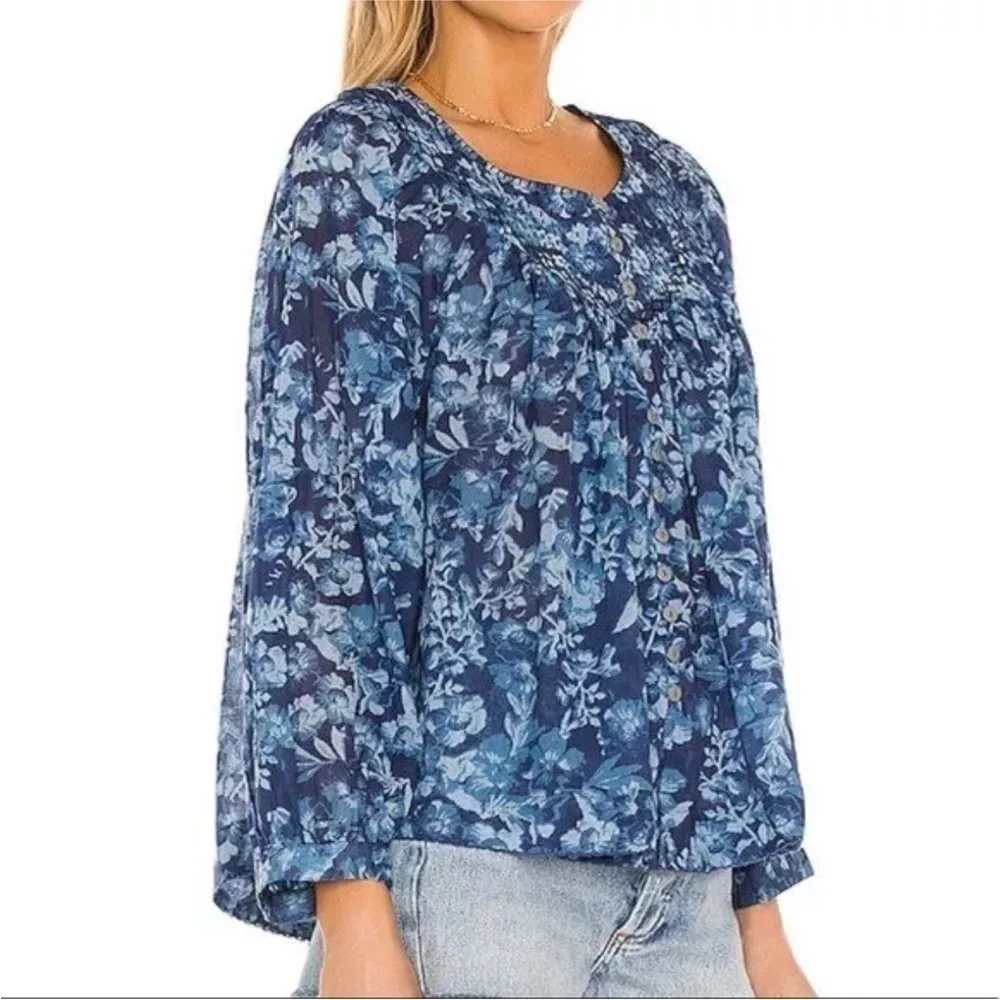 Free People Cool Meadow Blue Floral 100% Cotton Button Front Peasant Blouse XS